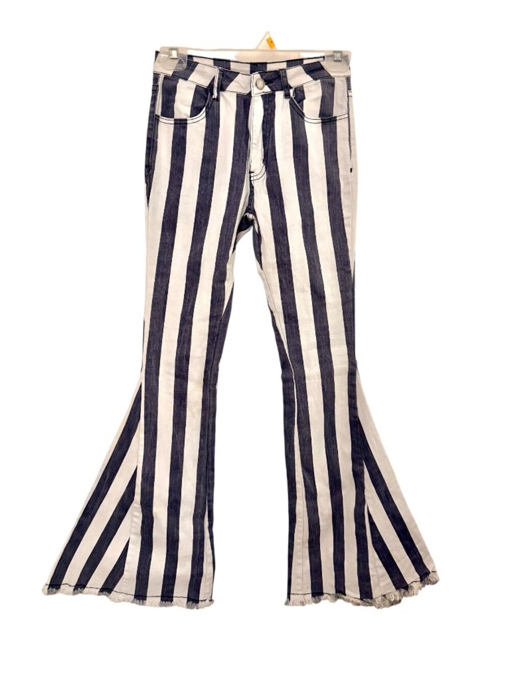 Saints & Hearts Bell bottom Jeans Womens S Grey/Blue & White Stripe Fringe Denim